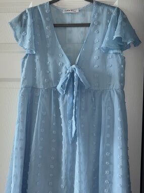 Light Blue Tie-Front Swiss Dot Baby Doll Dress
